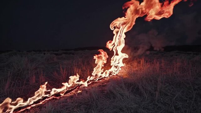Low ground fire moving across grass, dramatic nighttime footage of ember line and rising flame column, winddriven sparks and smoke, cinematic urgency with charred path, suitable for wildfire
