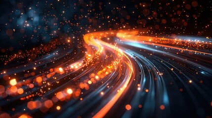 Fototapeta premium Abstract digital pathways of orange and blue light stream and surge with glowing particles depicting rapid data transfer technological advancement and energetic motion in a dark futuristic cyberspace