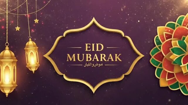 Happy holy month eid mubarak with lanterns and islamic pattern