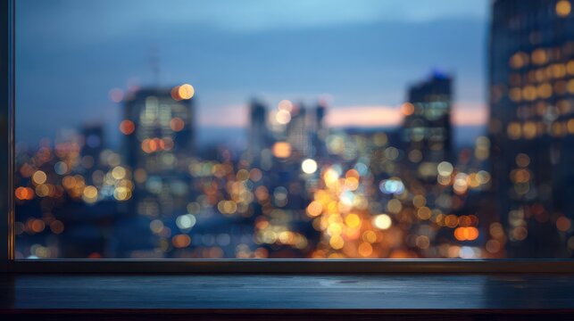 City Skyline at Dusk with Soft Bokeh Effect from Window Frame