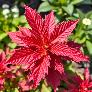 Macro photography of Eupatorium rugosum, known as White Snakeroot, featuring vibrant red serrated leaves, sharp focus on botanical texture, natural outdoor sunlight, garden flora environment.