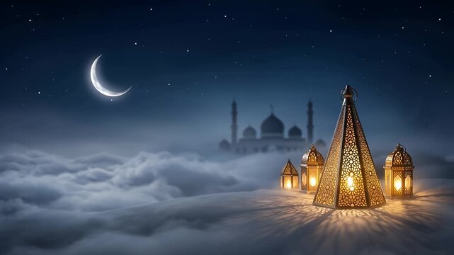 lanterns over clouds at night with distant monument silhouette and moon