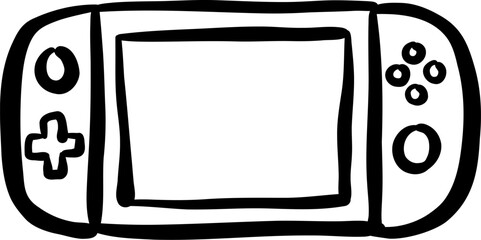 Doodle-style hand-drawn line art of a handheld game console - minimalist sketch for tech, gaming and education use © XPLOX Design Studio