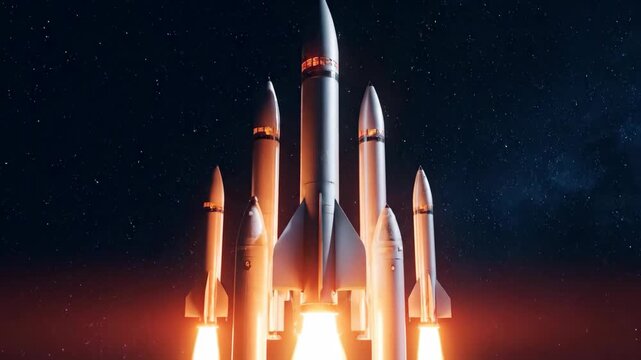 Rockets launching into the night sky creating a dramatic dark blue aesthetic of multiple vertically ascending rockets against a star filled vacuum high fidelity sharp focus clean air vibrant