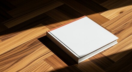 Fototapeta premium A blank white book on a wooden floor with sunlight casting shadows.