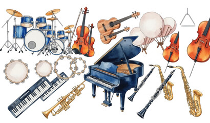 SEO Title Dynamic Watercolor Musical Instruments Collection in Diagonal Flat Lay Composition © KHATUN