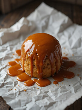 Decadent caramel drizzled dessert on wrinkled white paper