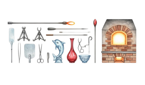 SEO Title
Watercolor Glass Blowing Tools and Decorative Glass Art Set with Kiln Isolated on White
