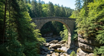 An arched stone bridge spans a flowing river, lush green trees frame the scene