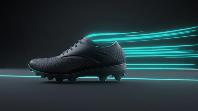 Obsidian Speed Boot. Premium Football Gear on Dark Studio Background. Performance Branding. A sleek, unbranded aerodynamic Soccer/Football boot with carbon-fiber textures, set in a pitch-black studio
