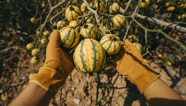Hands Wearing Garden Gloves picking Kachri (Wild Melon)