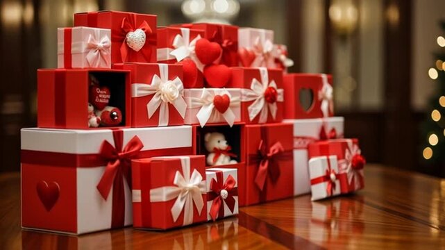 Abundant Red and White Gift Boxes with Ribbons and Hearts