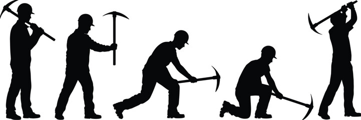 Coal miner silhouettes collection, workers digging and striking with pickaxe, industrial mining labor poses set, construction workforce black vector illustration isolated on white background, © SreeRupali