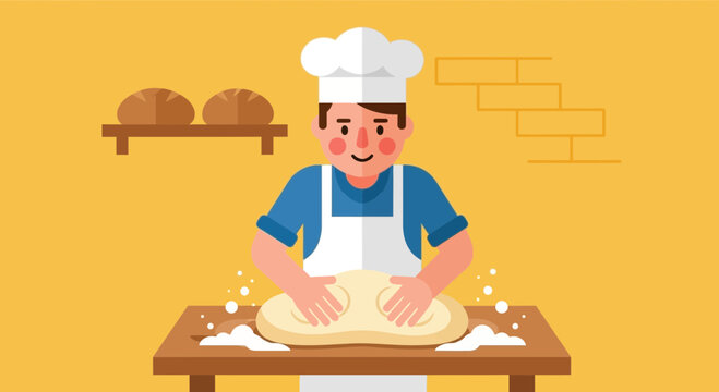 Skilled baker in chef hat and apron expertly kneading dough on a wooden table, preparing fresh bread