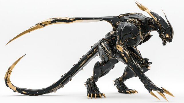Intricate 3d render of a biomechanical creature with sharp gold accents and a sleek, dark metallic body, captured in a side view.