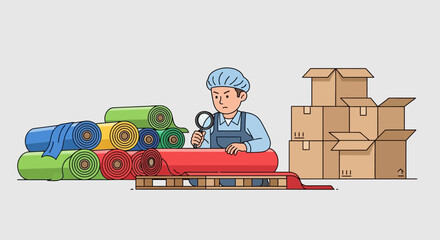 Textile worker meticulously inspects rolls of fabric using a magnifying glass in a warehouse setting. © YLing