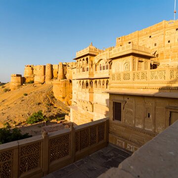 A view of a large, ancient, sandstone structure built on a sandy hill, exhibiting elaborate architectural details and parapets