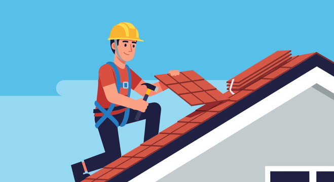 Skilled roofer in hardhat and harness working on a house roof, installing tiles with hammer