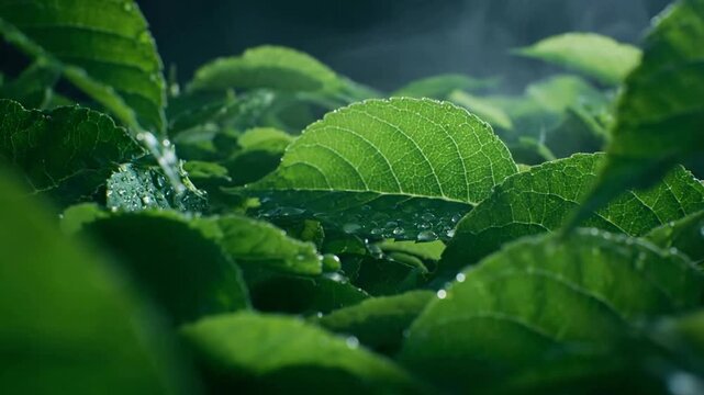 Vibrant green foliage adorned with glistening morning dew, captured in a close-up that highlights the intricate textures and refreshing essence of a natural ecosystem