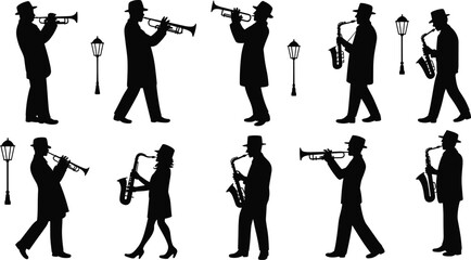 Jazz band musician silhouettes set, trumpet and saxophone players performing near vintage street lamps isolated on white background music vector illustration © SreeRupali