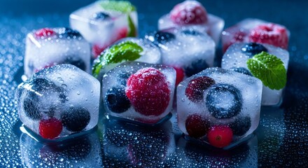 Frozen berries with ice crystals close-up, healthy fruit concept