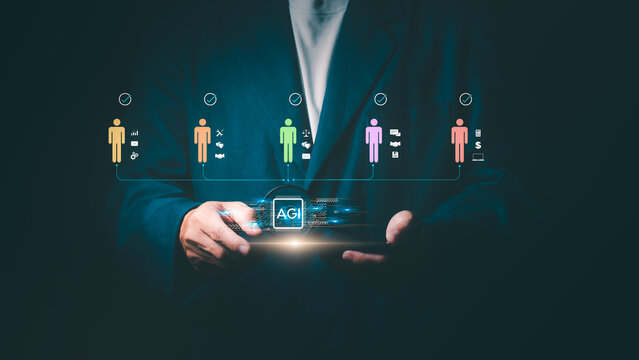 Businessman using a smartphone with an AGI chip icon to manage diverse human resources, representing AI-driven recruitment, workforce optimization, and advanced HR technology.