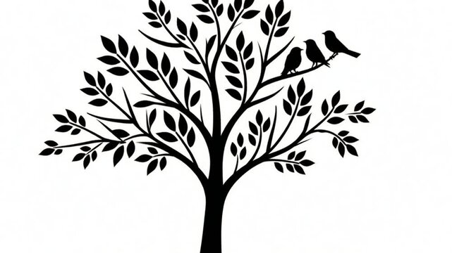 Black Silhouette Tree with Birds Illustration.