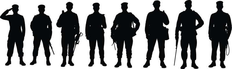 Military and police personnel silhouette lineup, armed officers standing in uniform with rifles and equipment isolated vector illustration