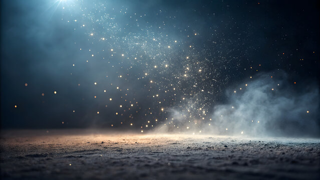 Abstract atmospheric dust particles floating in a dark studio space