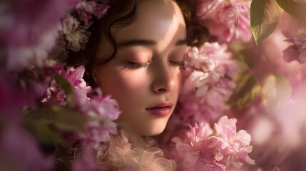 Naklejka premium A serene woman surrounded by vibrant pink flowers in a peaceful setting