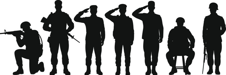 Military soldiers silhouette collection, armed army men in salute and combat poses, standing and sitting uniformed troops, black vector illustration isolated on white background