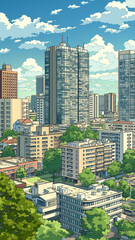 レトロアニメ風の都市景観イラスト、超高層ビル群と広がる夏空、迫力の入道雲、街の遠景パノラマ、背景素材、建築、街並み、スカイライン