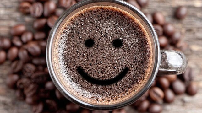 Premium coffee beans surrounding smiley coffee cup, dark wood background natural texture, single origin coffee ingredient display, roast color and cup pattern contrast for coffee branding and origin p