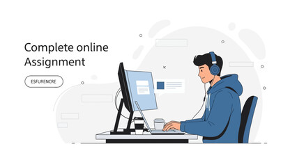 Young Man Studying Online with Headphones and Computer