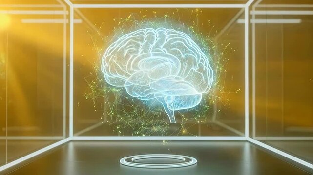 holographic brain suspended inside illuminated cube chamber, secure archive display in hightech lab, preservation and projection for neuroengineer inspection and controlled experimentation