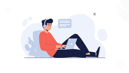 Obraz premium Young Man with Headphones Working on Laptop Relaxing at Home
