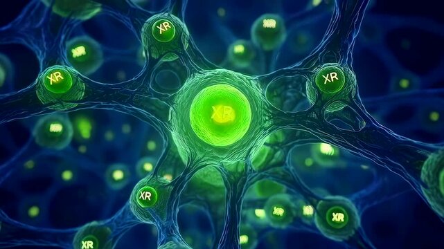 Glowing neural network with XR nodes, microscopic view of luminescent green cell clusters interconnected by filamentous membranes pulsing signals travel along axonlike filaments, floating
