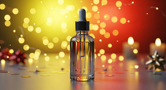A clear dropper bottle with golden liquid on a reflective surface with festive bokeh lights and candles in the background.