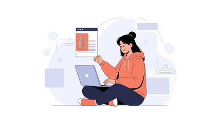 Naklejka premium Young woman coding on laptop, abstract digital interface background, modern illustration