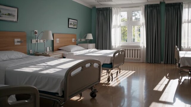 Wide angle shot peaceful hospital room four clean beds drawn curtains lit soft daylight through window&mdash;ideal stock clip healthcare wellness medical settings