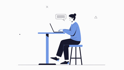 Fototapeta premium Young woman typing on laptop at modern desk, communication bubble, minimalist flat design