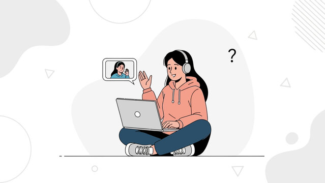 Young Woman Video Calling with Friend on Laptop, Remote Communication