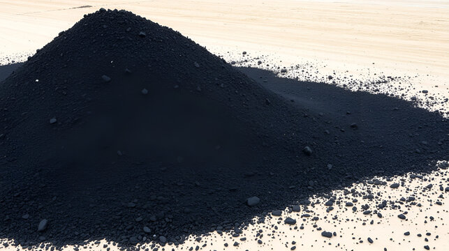 Freshly dumped asphalt on road surface
Black asphalt material spread over a pale roadbed, showing a clear contrast between the rough pavement mix and the base layer.