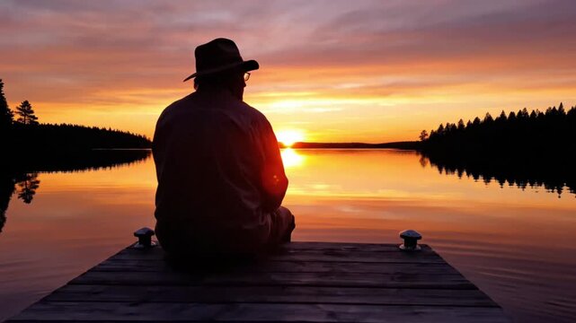 Silhouette of a man sitting on a wooden dock facing a serene lake at sunset with warm orange and purple hues in the sky.