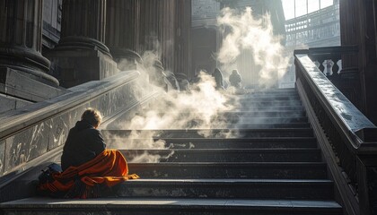 Person sitting on stairs with smoke in the background