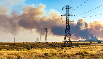 Power lines against a backdrop of smoke and clouds