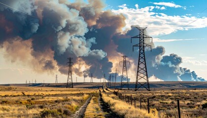 Power lines against a backdrop of smoke and clouds