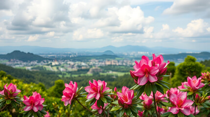 Fototapeta premium panoramic scene, blooming pink rhododendrons flowers, amazing panoramic nature scenery