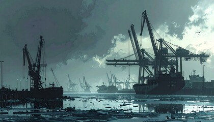 Industrial port with cranes and ships in foggy weather