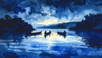 Boats on a calm lake under a starry sky